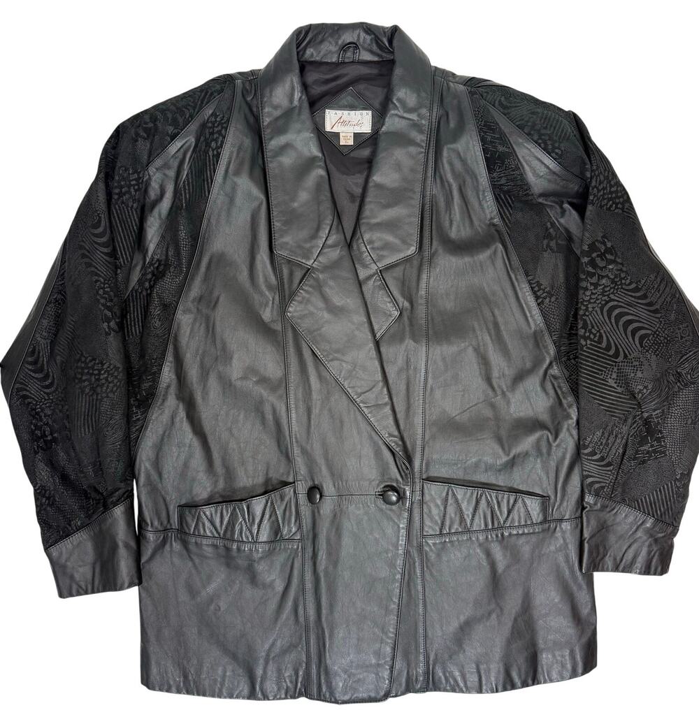 Vintage 90s Women's Large Oversized Black Leather Jacket Fashion Attitude